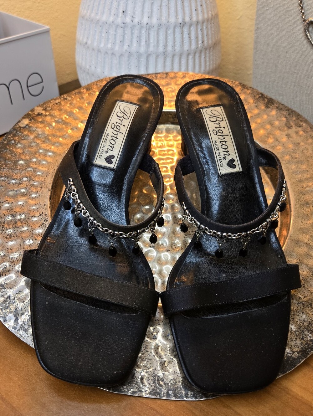 Brighton "Tia" Size 6 Black Beaded Chain Slide Mules Vintage Shoes Y2K, 1990's